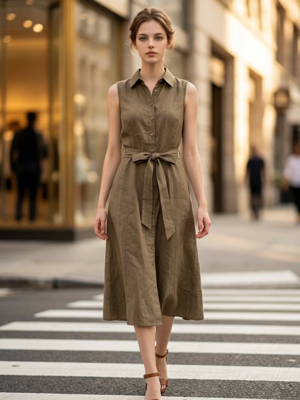 NWT Calvin Klein Belted Cotton Midi Shirt Dress Size 8 Khaki